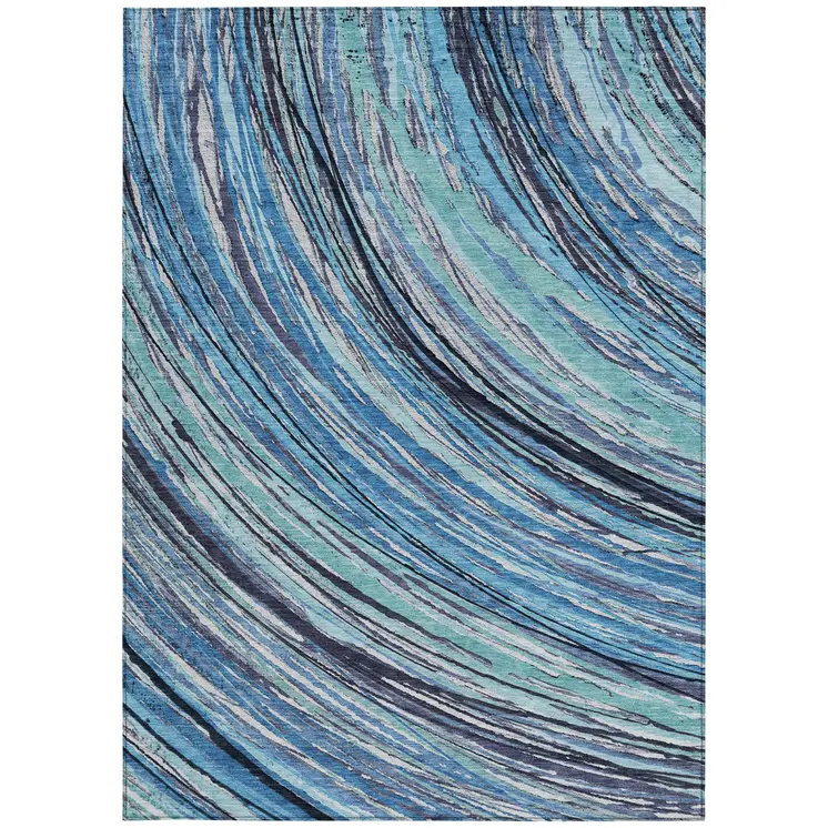 9' X 12' Blue Aqua And Ivory Abstract Washable Indoor Outdoor Area Rug