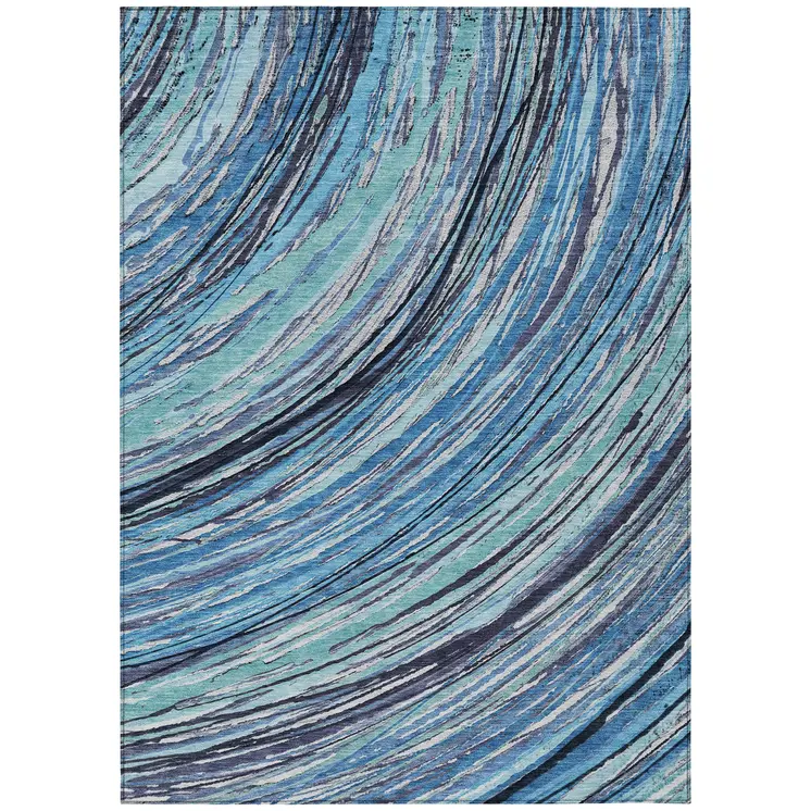 9' X 12' Blue Aqua And Ivory Abstract Washable Indoor Outdoor Area Rug
