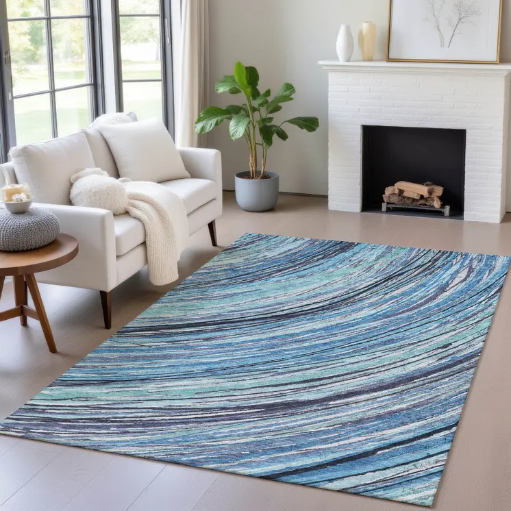 9' X 12' Blue Aqua And Ivory Abstract Washable Indoor Outdoor Area Rug