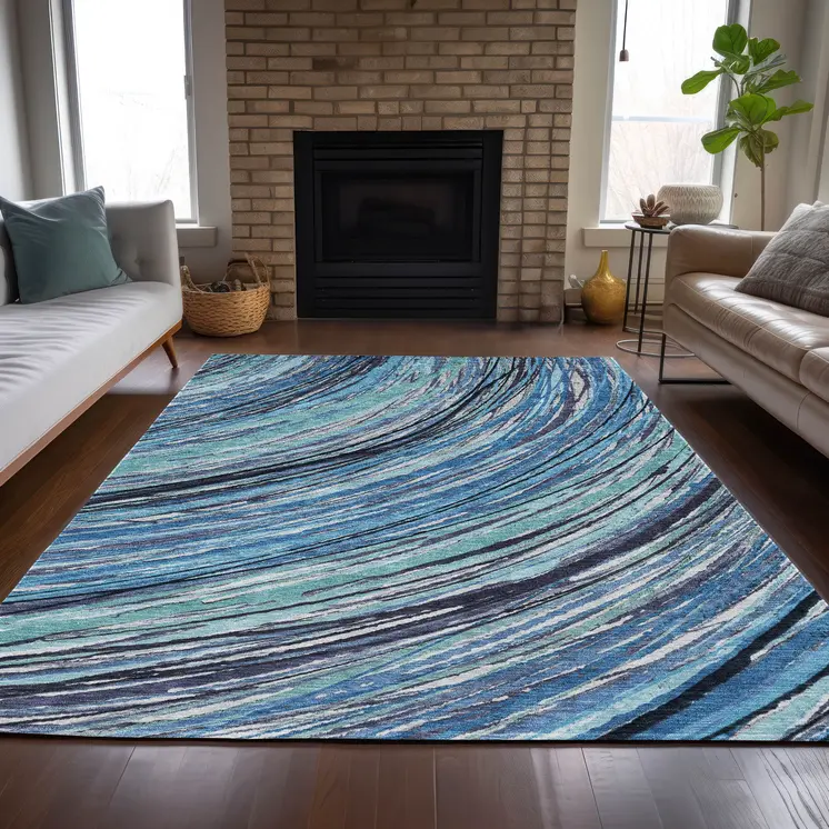 10' X 14' Blue Aqua And Ivory Abstract Washable Indoor Outdoor Area Rug