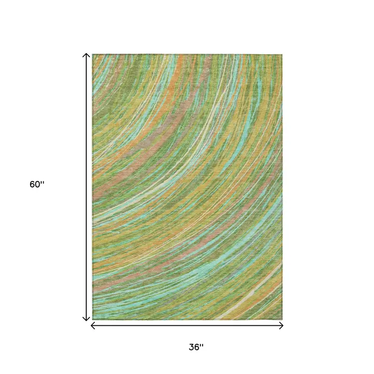 3' X 5' Green Peach And Gold Abstract Washable Indoor Outdoor Area Rug