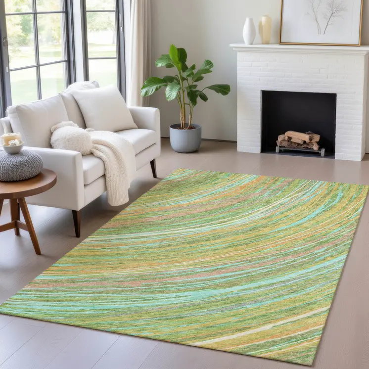 3' X 5' Green Peach And Gold Abstract Washable Indoor Outdoor Area Rug