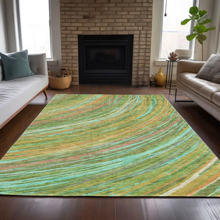 5' X 8' Green Peach And Gold Abstract Washable Indoor Outdoor Area Rug