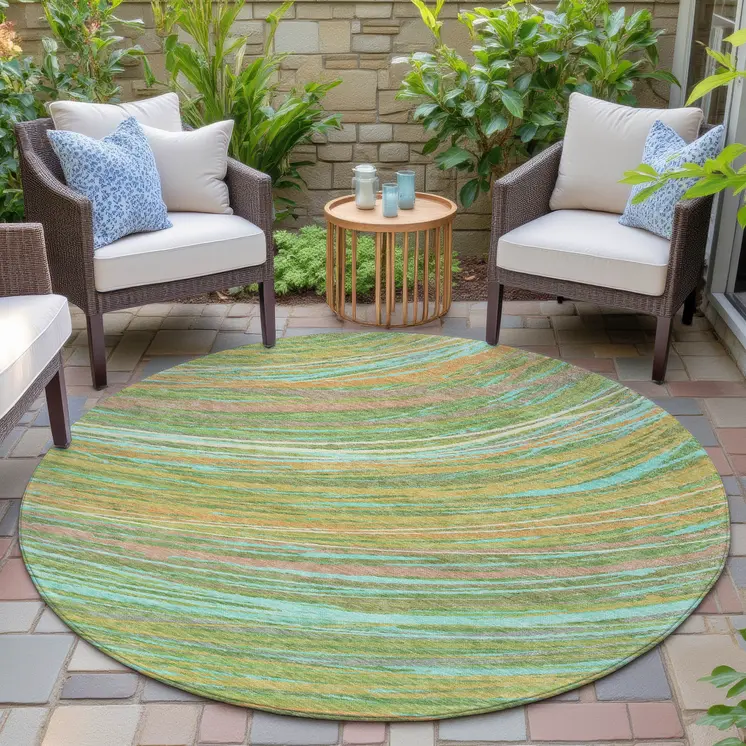 8' Green Peach And Gold Round Abstract Washable Indoor Outdoor Area Rug