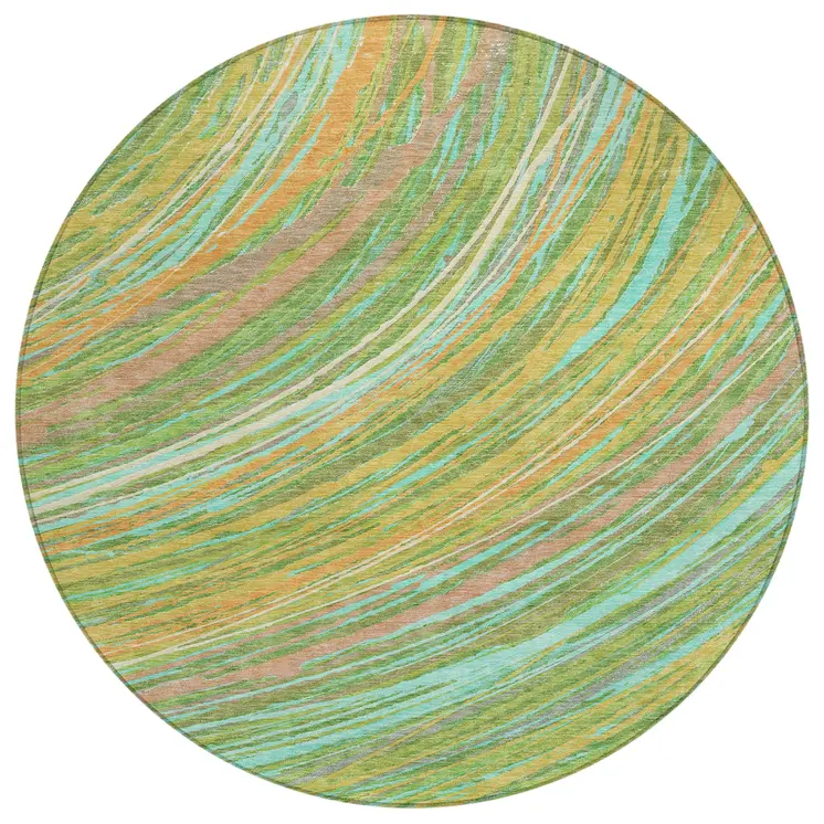 8' Green Peach And Gold Round Abstract Washable Indoor Outdoor Area Rug