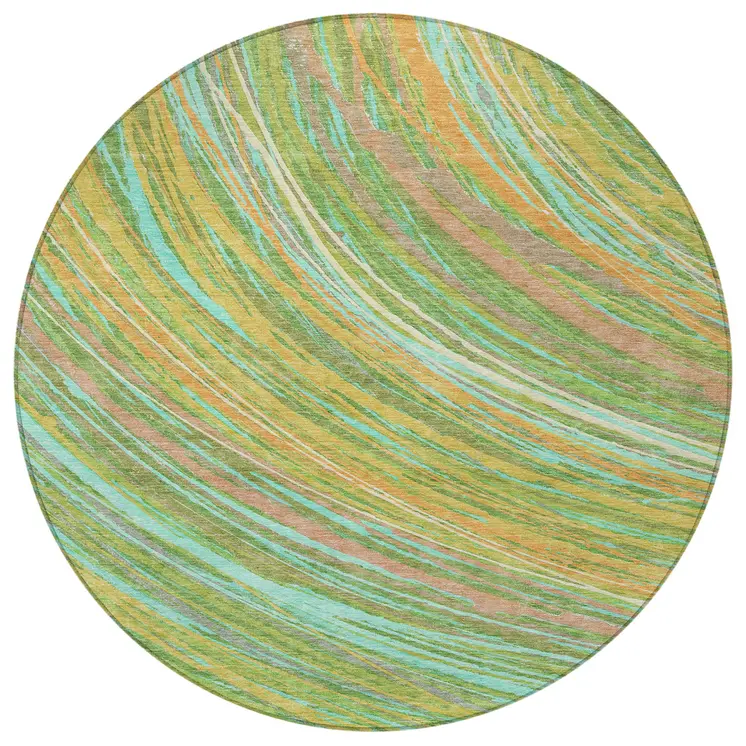 8' Green Peach And Gold Round Abstract Washable Indoor Outdoor Area Rug