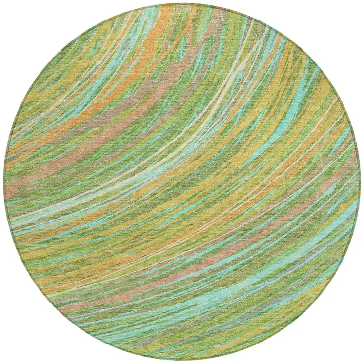 8' Green Peach And Gold Round Abstract Washable Indoor Outdoor Area Rug