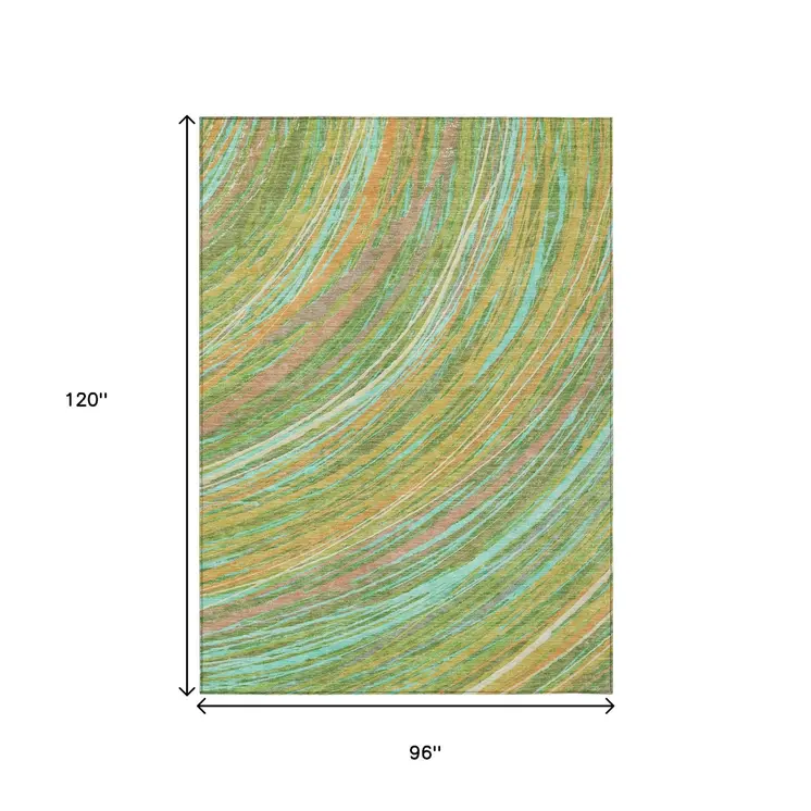 8' X 10' Green Peach And Gold Abstract Washable Indoor Outdoor Area Rug
