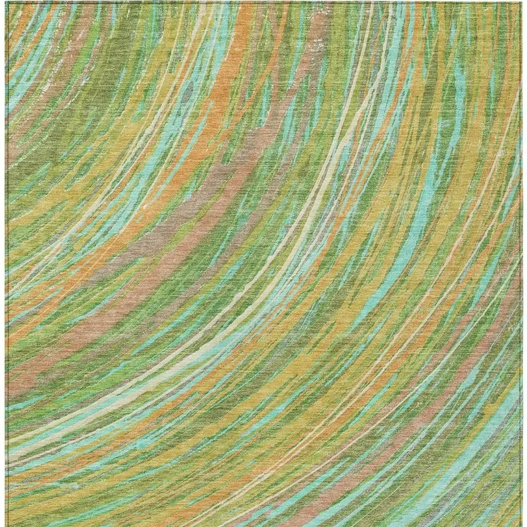 9' X 12' Green Peach And Gold Abstract Washable Indoor Outdoor Area Rug