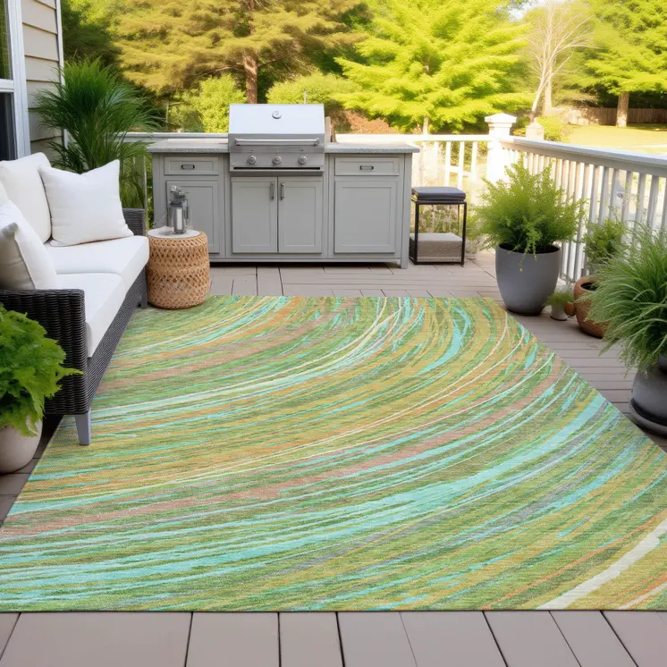 9' X 12' Green Peach And Gold Abstract Washable Indoor Outdoor Area Rug