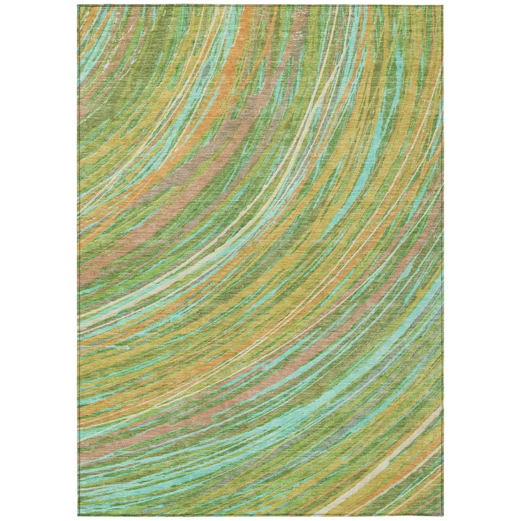 9' X 12' Green Peach And Gold Abstract Washable Indoor Outdoor Area Rug