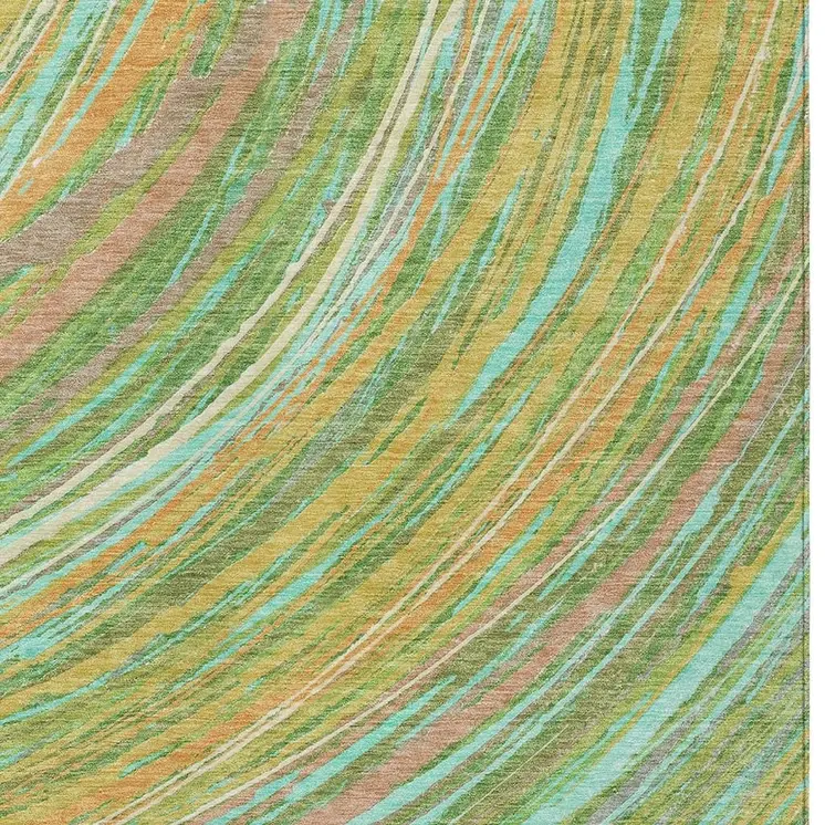 9' X 12' Green Peach And Gold Abstract Washable Indoor Outdoor Area Rug