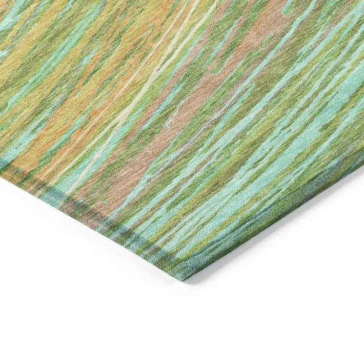 9' X 12' Green Peach And Gold Abstract Washable Indoor Outdoor Area Rug