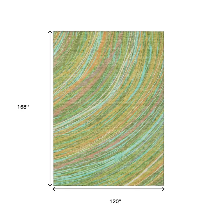 10' X 14' Green Peach And Gold Abstract Washable Indoor Outdoor Area Rug