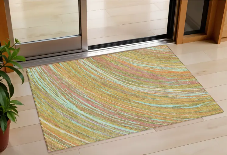 3' X 5' Gold Sky Blue And Coral Abstract Washable Indoor Outdoor Area Rug