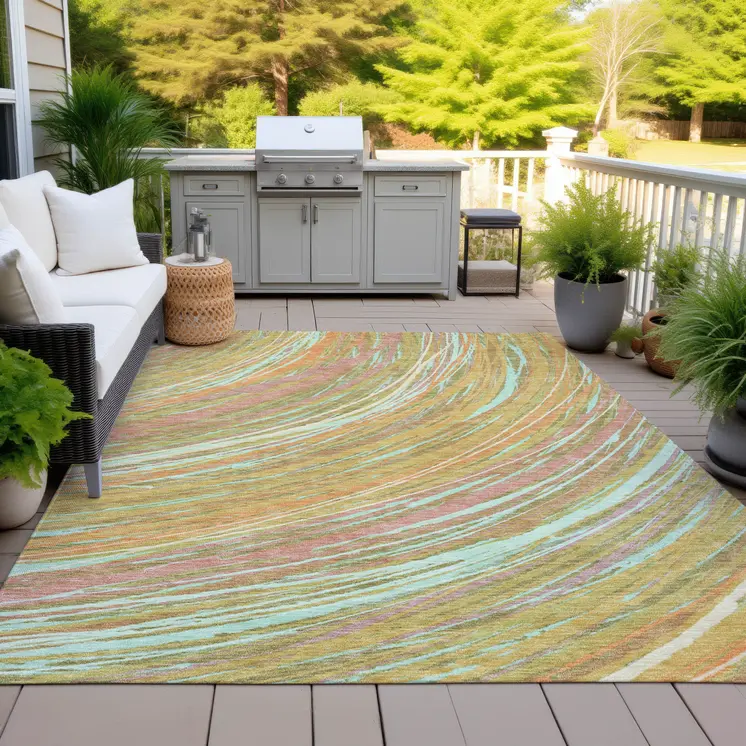 3' X 5' Gold Sky Blue And Coral Abstract Washable Indoor Outdoor Area Rug