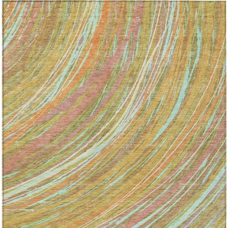 5' X 8' Gold Sky Blue And Coral Abstract Washable Indoor Outdoor Area Rug