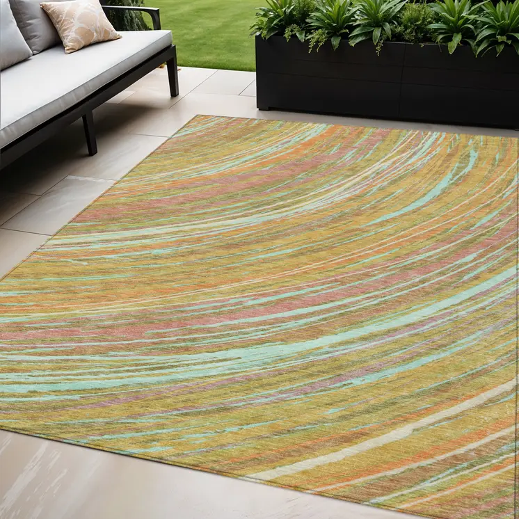5' X 8' Gold Sky Blue And Coral Abstract Washable Indoor Outdoor Area Rug