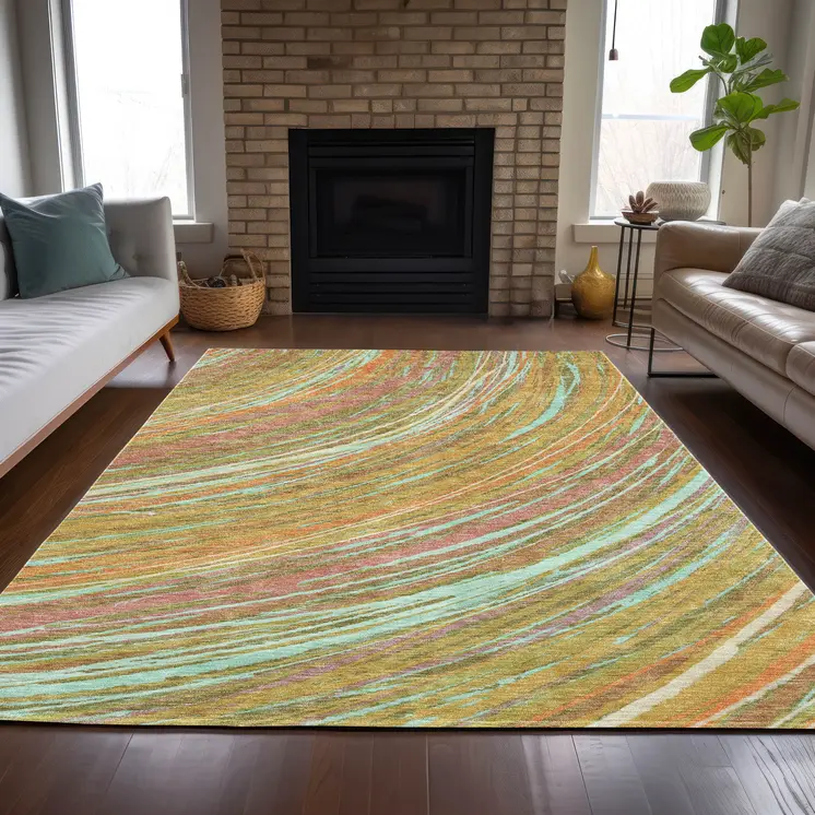 5' X 8' Gold Sky Blue And Coral Abstract Washable Indoor Outdoor Area Rug
