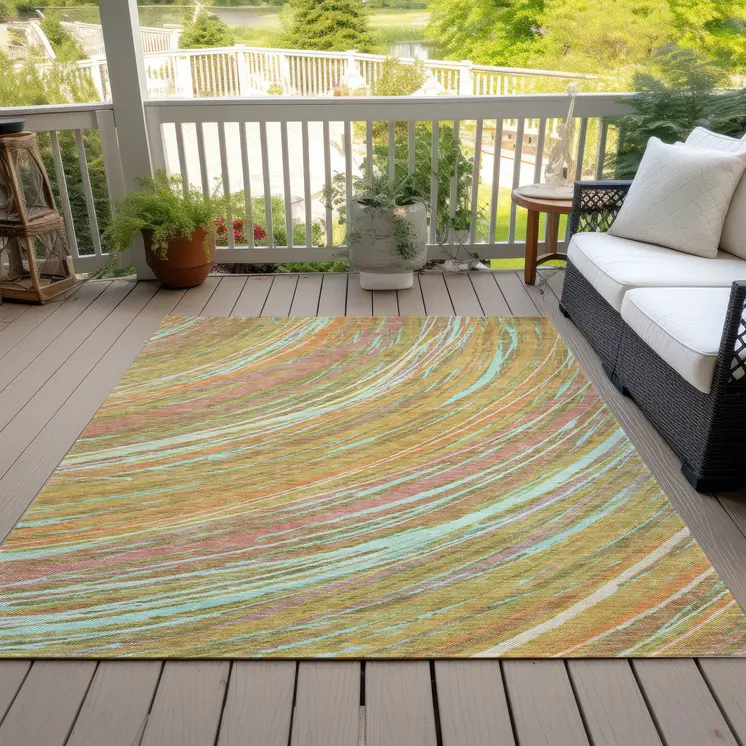 5' X 8' Gold Sky Blue And Coral Abstract Washable Indoor Outdoor Area Rug