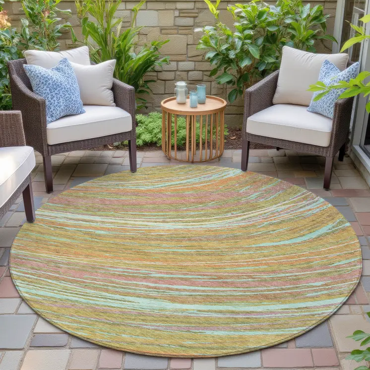 8' Gold Sky Blue And Coral Round Abstract Washable Indoor Outdoor Area Rug