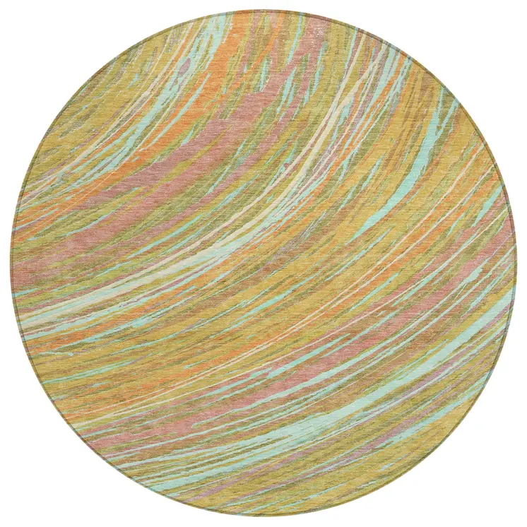8' Gold Sky Blue And Coral Round Abstract Washable Indoor Outdoor Area Rug