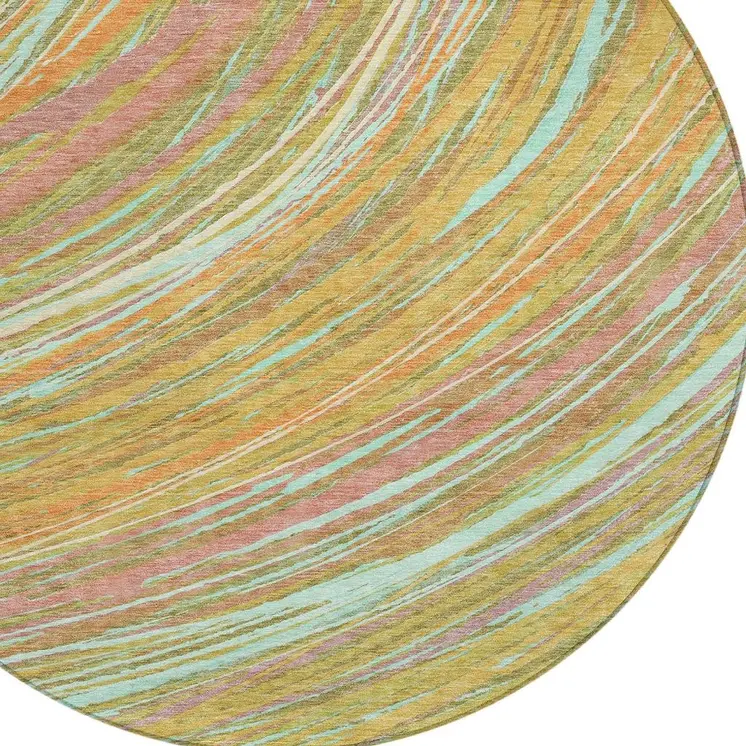 8' Gold Sky Blue And Coral Round Abstract Washable Indoor Outdoor Area Rug