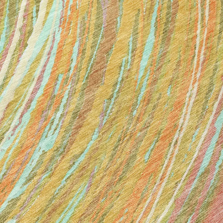 8' Gold Sky Blue And Coral Round Abstract Washable Indoor Outdoor Area Rug