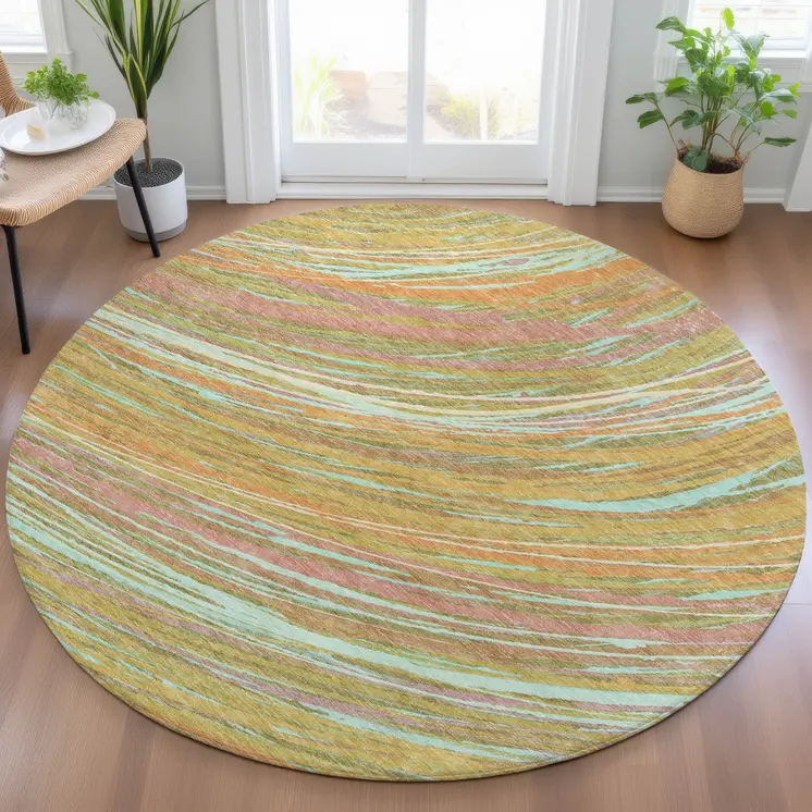 8' Gold Sky Blue And Coral Round Abstract Washable Indoor Outdoor Area Rug