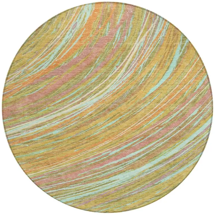 8' Gold Sky Blue And Coral Round Abstract Washable Indoor Outdoor Area Rug