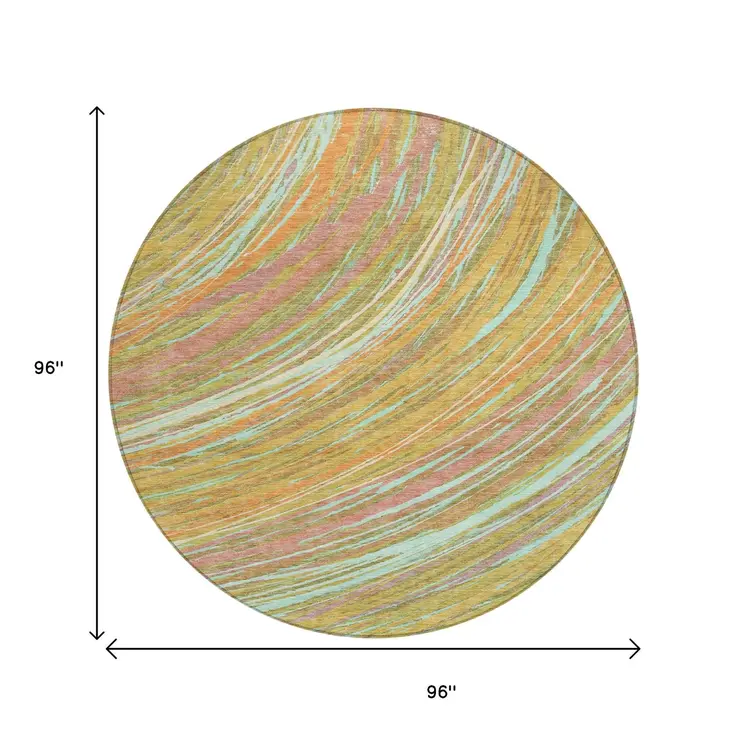 8' Gold Sky Blue And Coral Round Abstract Washable Indoor Outdoor Area Rug