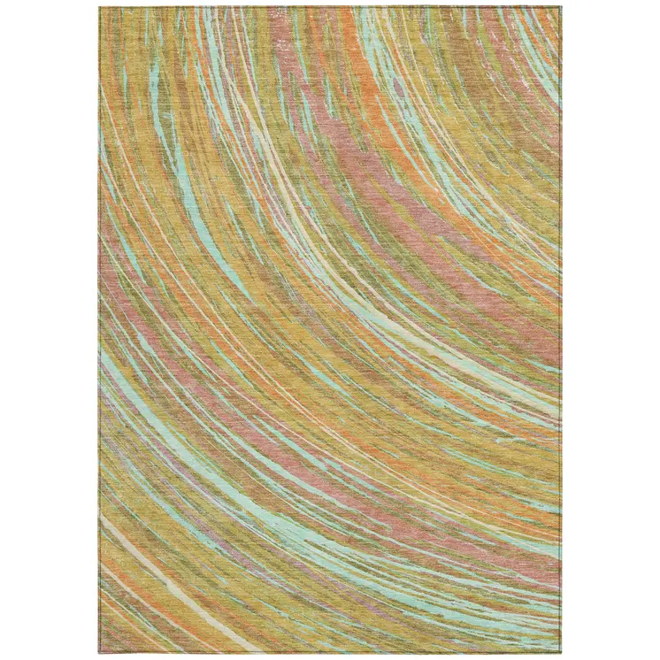 8' X 10' Gold Sky Blue And Coral Abstract Washable Indoor Outdoor Area Rug
