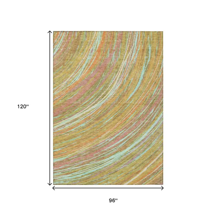 8' X 10' Gold Sky Blue And Coral Abstract Washable Indoor Outdoor Area Rug