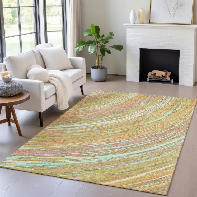 8' X 10' Gold Sky Blue And Coral Abstract Washable Indoor Outdoor Area Rug