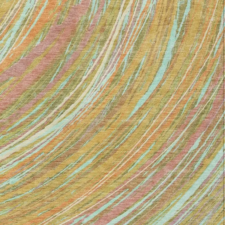9' X 12' Gold Sky Blue And Coral Abstract Washable Indoor Outdoor Area Rug