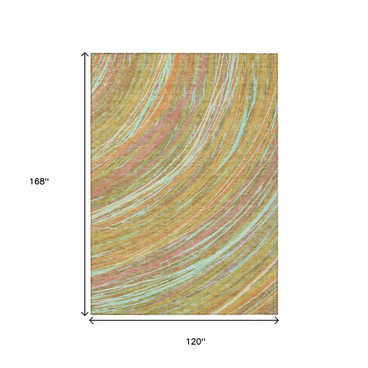 10' X 14' Gold Sky Blue And Coral Abstract Washable Indoor Outdoor Area Rug