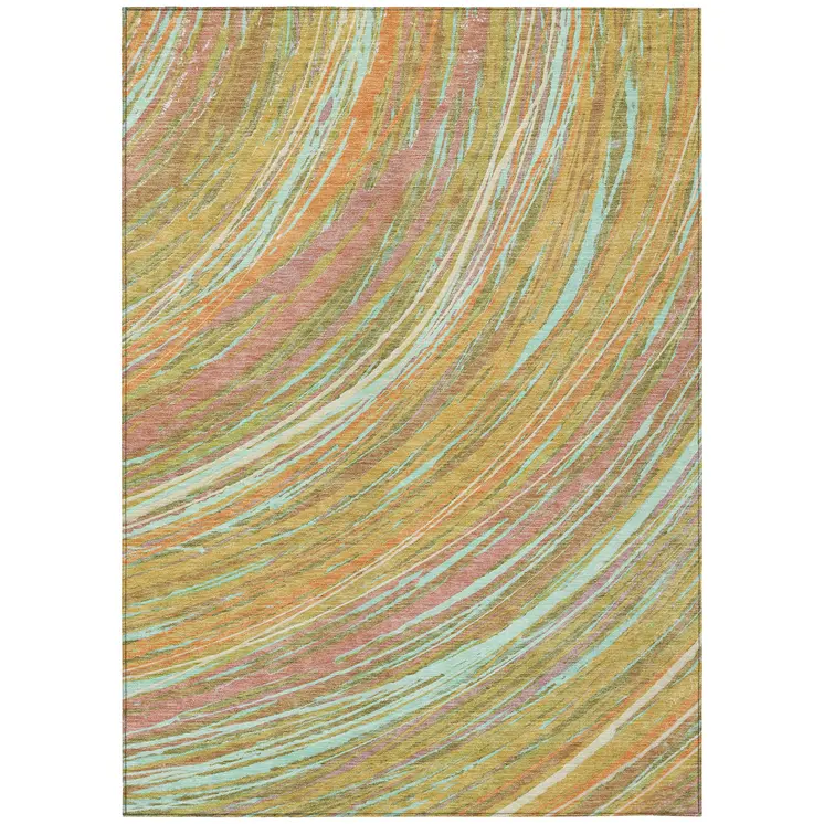 10' X 14' Gold Sky Blue And Coral Abstract Washable Indoor Outdoor Area Rug