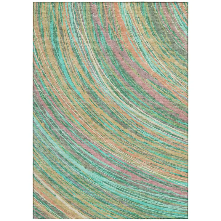 3' X 5' Teal Blue Pink And Peach Abstract Washable Indoor Outdoor Area Rug