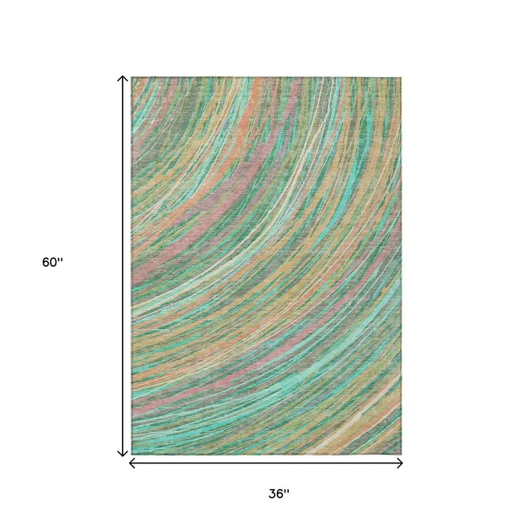 3' X 5' Teal Blue Pink And Peach Abstract Washable Indoor Outdoor Area Rug
