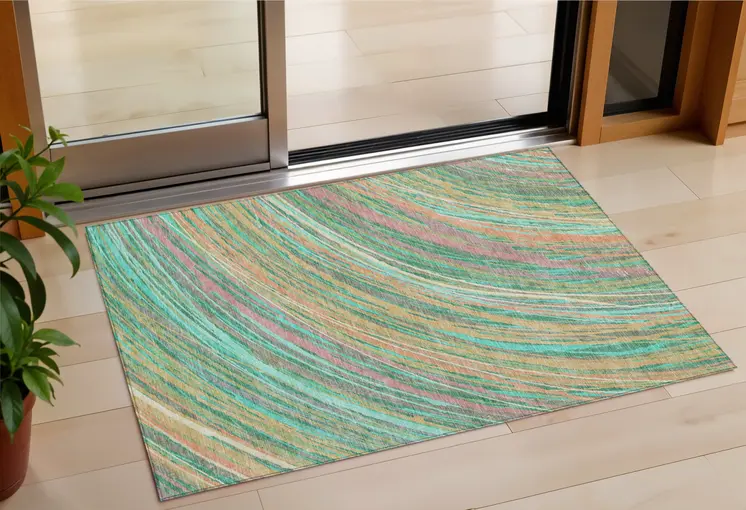 3' X 5' Teal Blue Pink And Peach Abstract Washable Indoor Outdoor Area Rug
