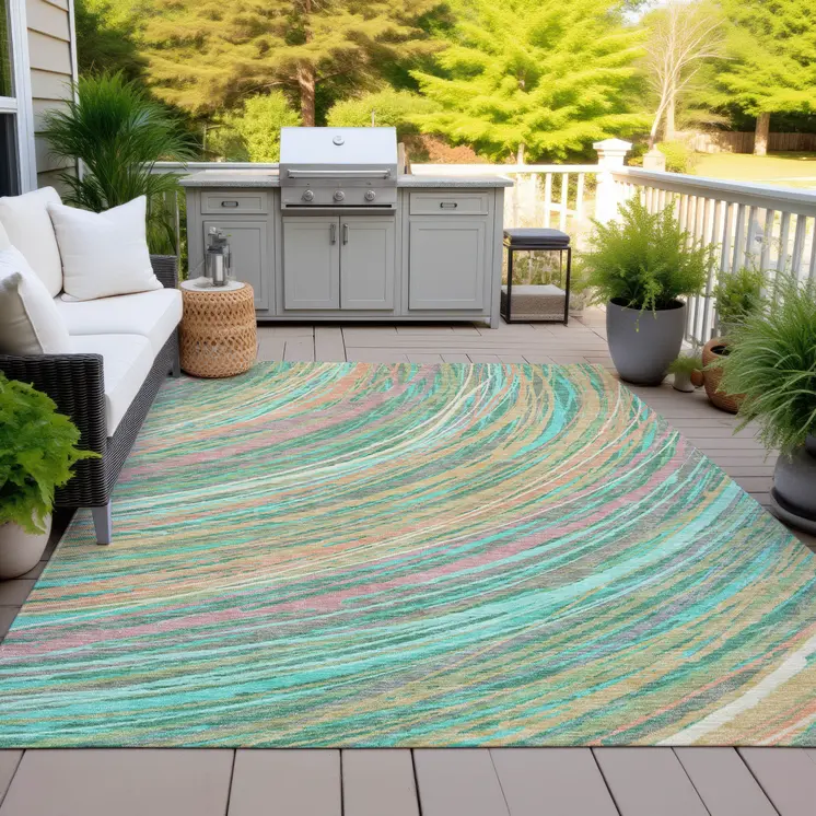 3' X 5' Teal Blue Pink And Peach Abstract Washable Indoor Outdoor Area Rug