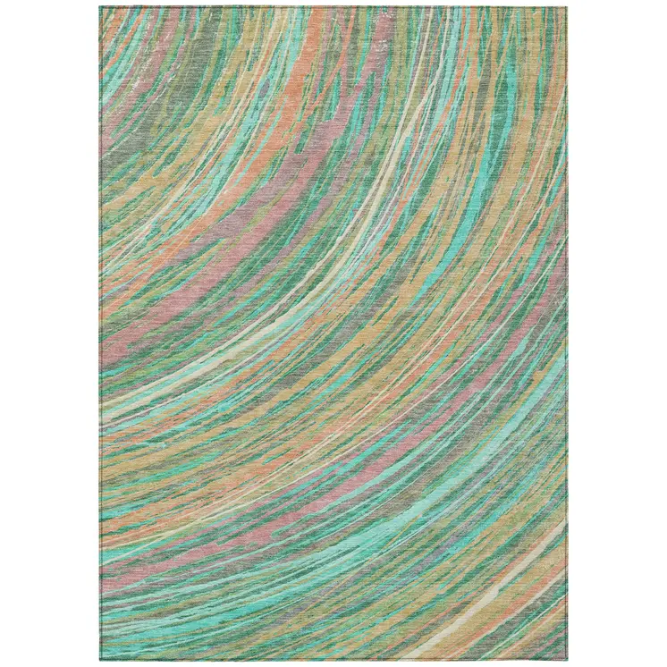 3' X 5' Teal Blue Pink And Peach Abstract Washable Indoor Outdoor Area Rug