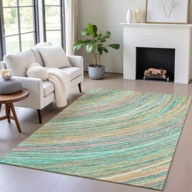 5' X 8' Teal Blue Pink And Peach Abstract Washable Indoor Outdoor Area Rug