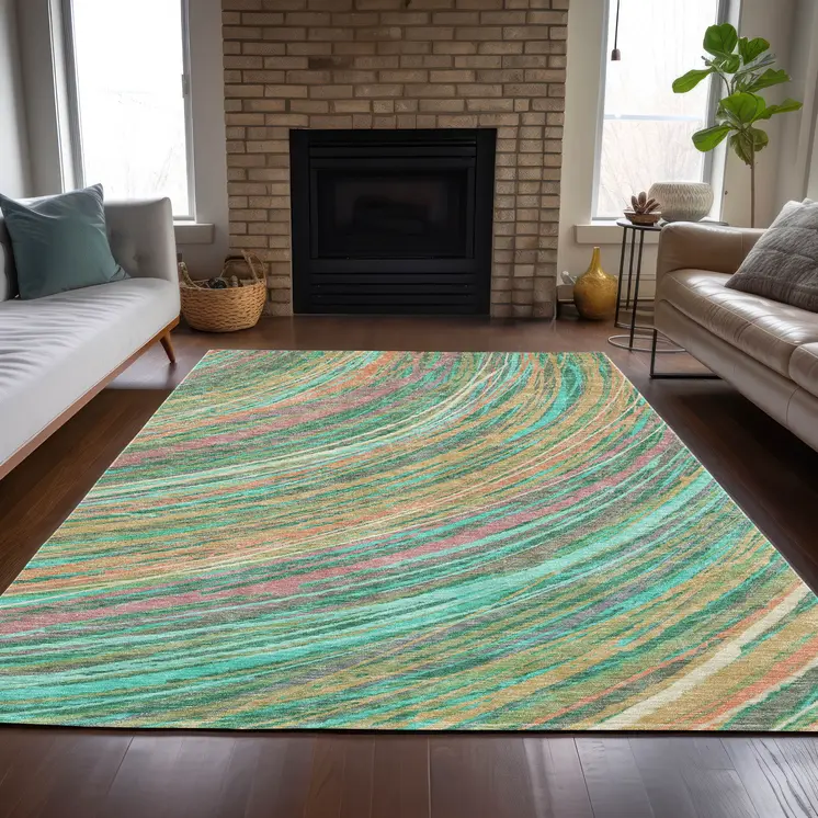 5' X 8' Teal Blue Pink And Peach Abstract Washable Indoor Outdoor Area Rug