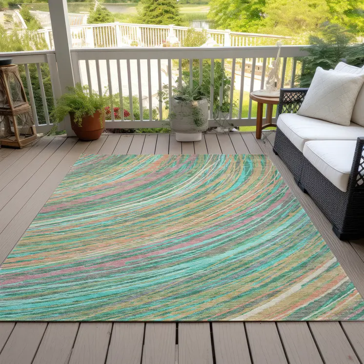 5' X 8' Teal Blue Pink And Peach Abstract Washable Indoor Outdoor Area Rug