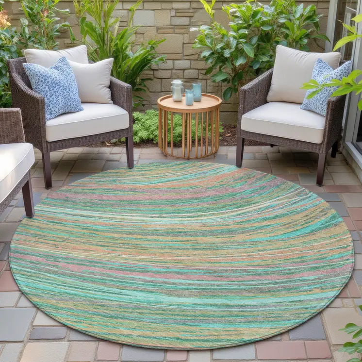 8' Teal Blue Pink And Peach Round Abstract Washable Indoor Outdoor Area Rug
