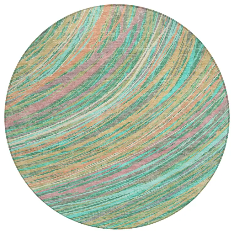 8' Teal Blue Pink And Peach Round Abstract Washable Indoor Outdoor Area Rug
