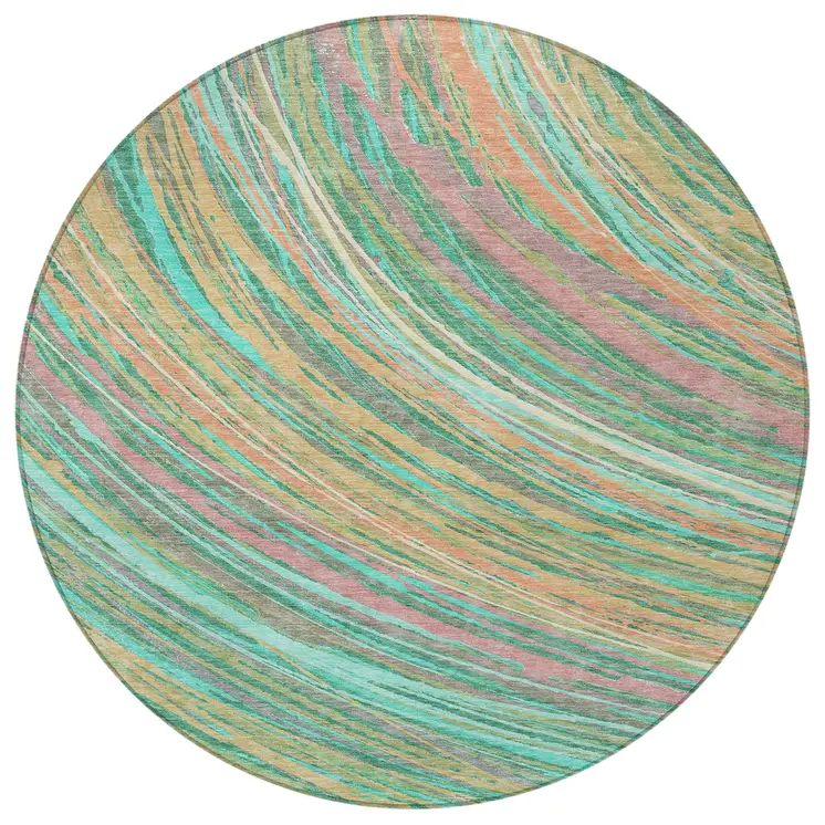 8' Teal Blue Pink And Peach Round Abstract Washable Indoor Outdoor Area Rug
