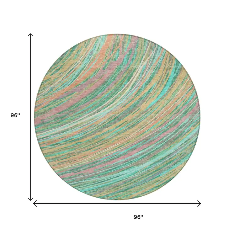 8' Teal Blue Pink And Peach Round Abstract Washable Indoor Outdoor Area Rug