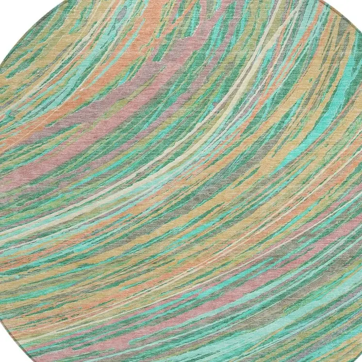 8' Teal Blue Pink And Peach Round Abstract Washable Indoor Outdoor Area Rug
